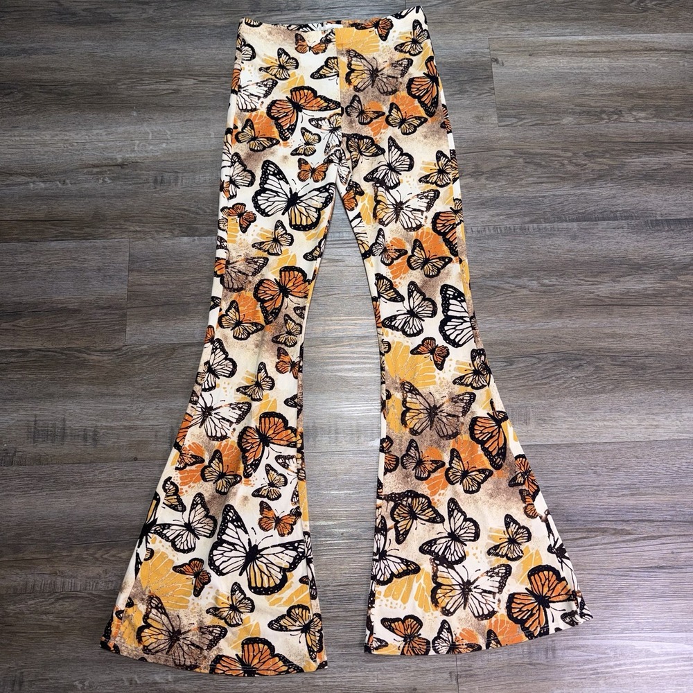 Bear Dance Brand Vintage-Style High-Waised Flare Pants Womens S All-Over Print